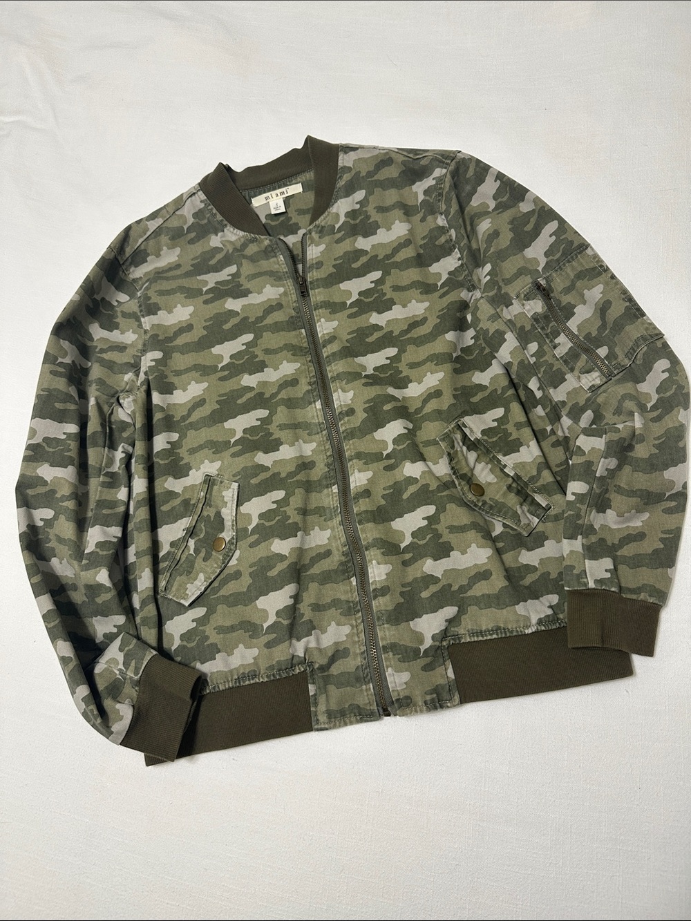Francesca's Collections Green Camo Cotton Bomber Jacket Small